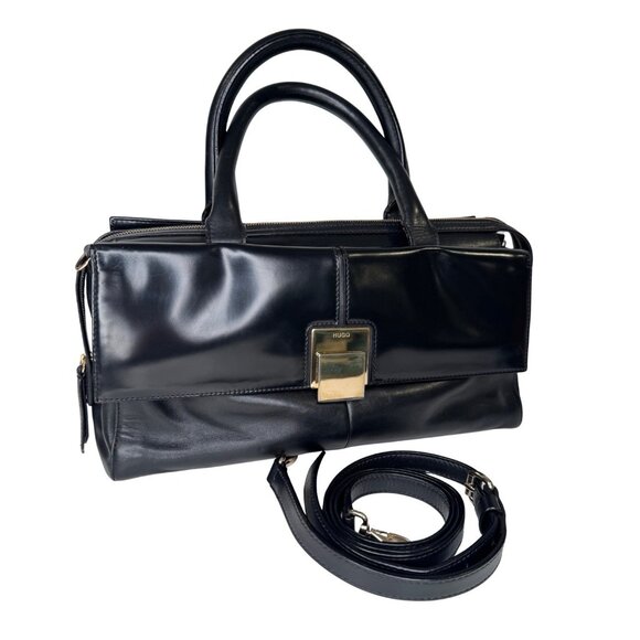 Hugo Boss Black Box Leather Satchel Purse Tote Long Shoulder Strap Bag Medium - Picture 1 of 16